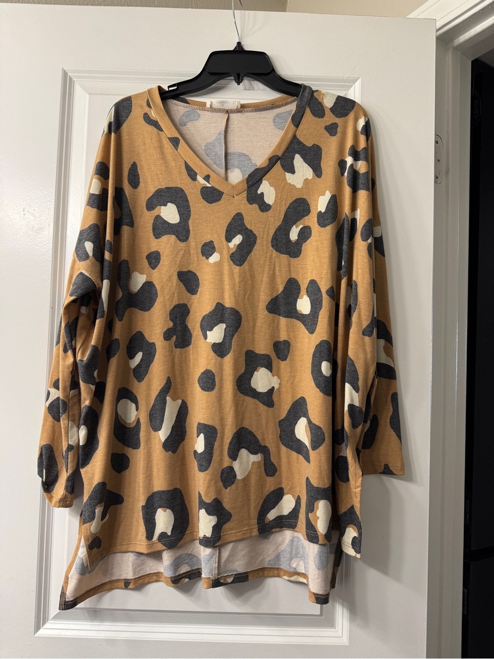 Leopard Print V-Neck Tunic Top - Camel/Black/White